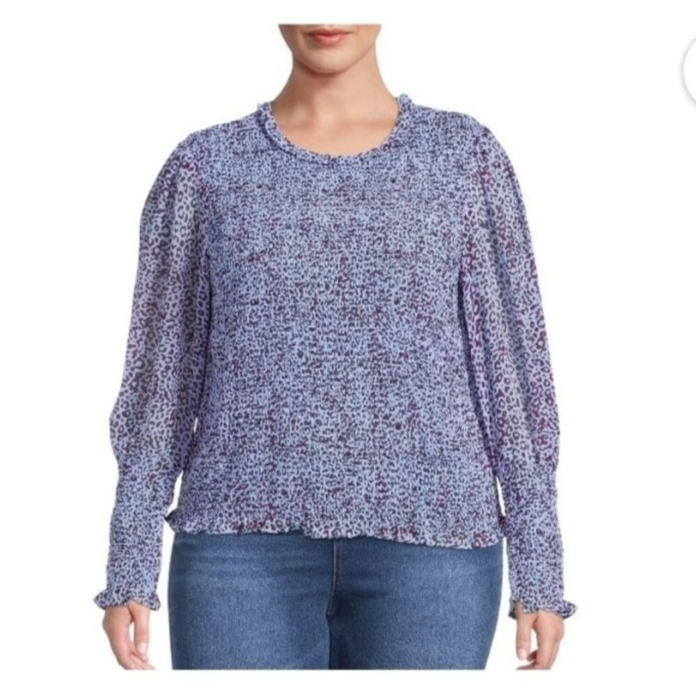 Womens Plus Size 2X Smocked Long Sleeve Leopard Print Blouse Blue & Purple